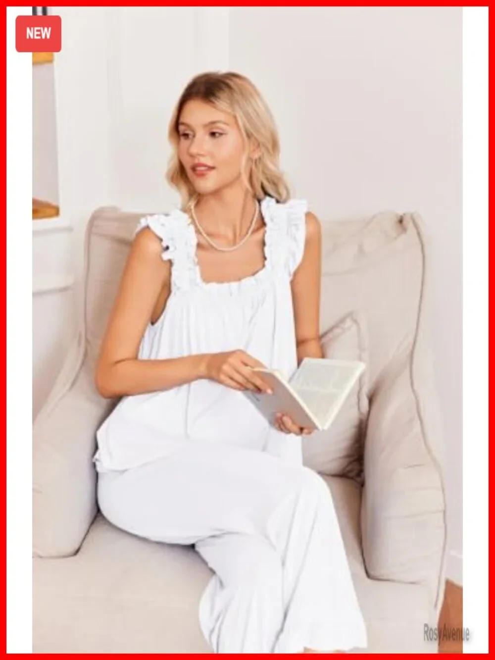 Sleeveless Tank Top and Pajama Set with Ruffle Trim, Soft Stretchy Sleepwear